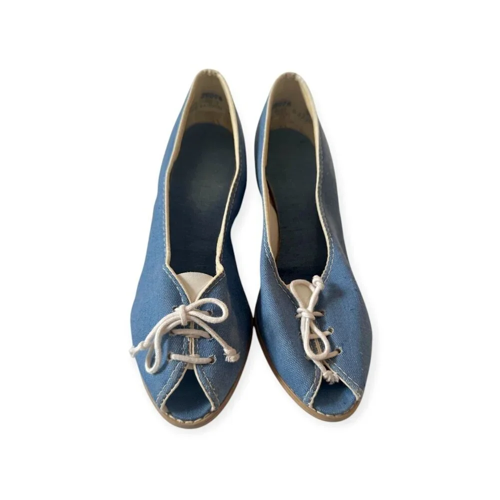 Vintage Blue Canvas Peep Toe Heels w/ Lace-Up Front | Stacked Heel | Size 7